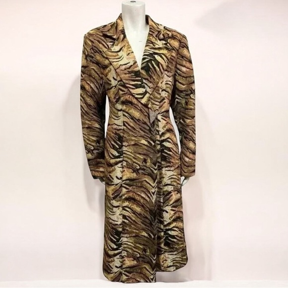 Donna Vinci Couture Tiger Print Long Coat-Size 14 Animal Print Statement Jacket - Picture 2 of 16